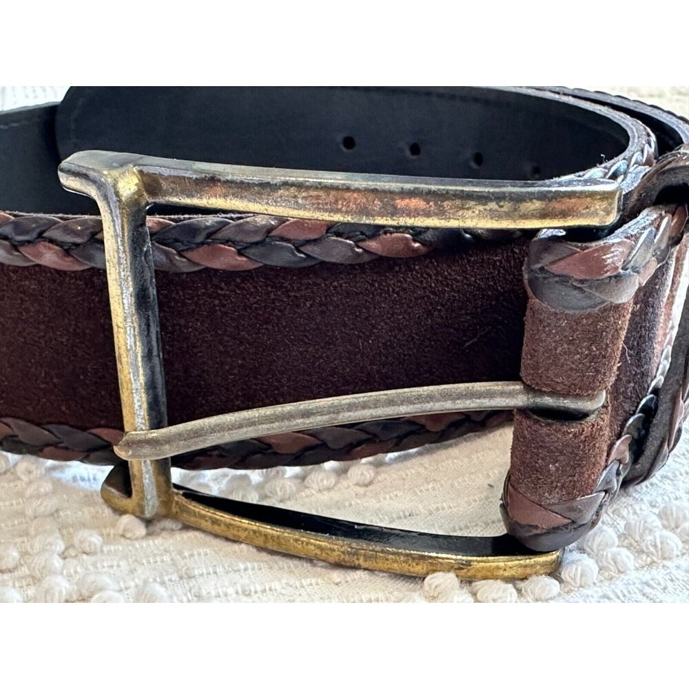 Women’s Brown Suede Braided Edge Belt with Antique Brass Buckle - Picture 2 of 9